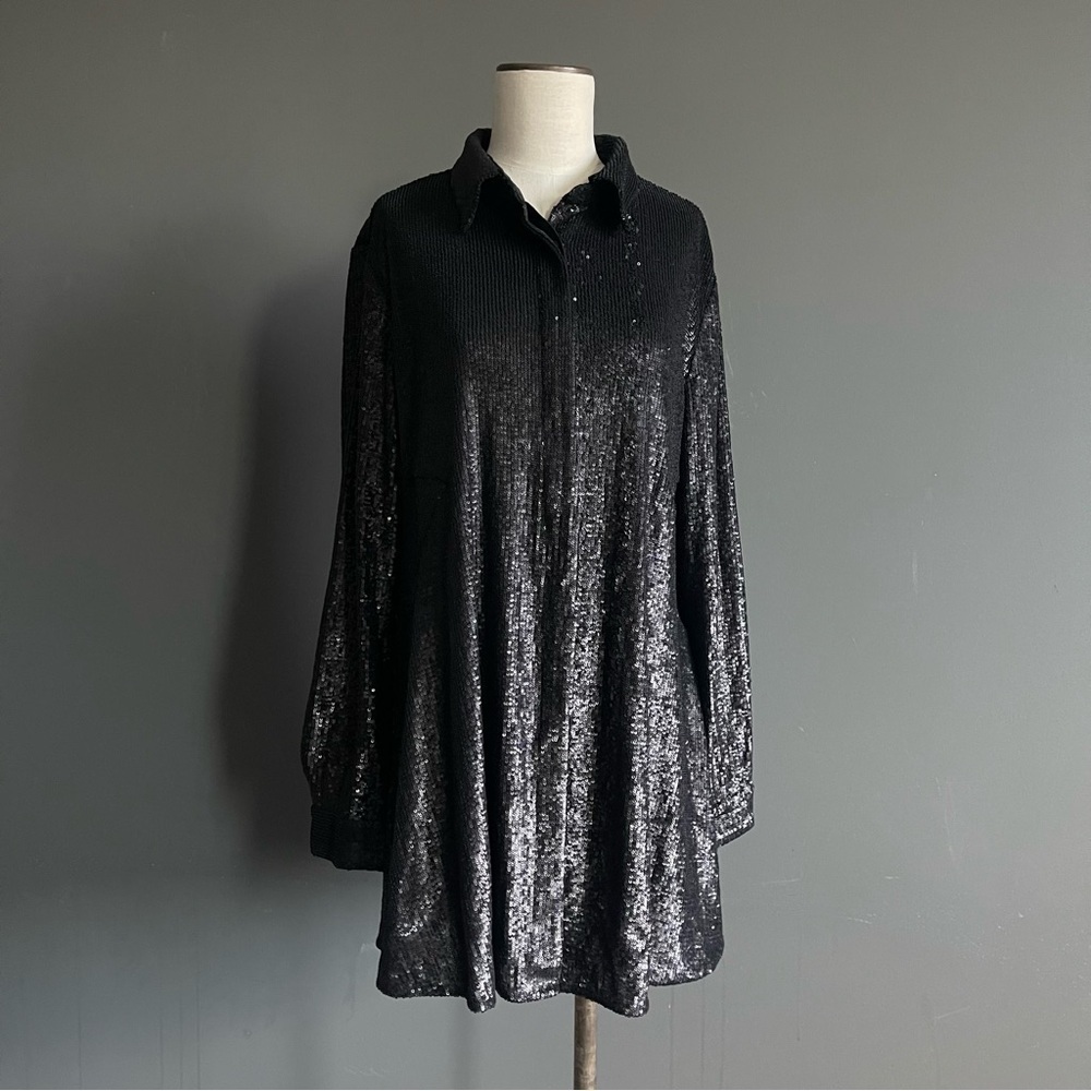 Donna Karan New York Black Sequin Shirt Dress Long Sleeve Oversized